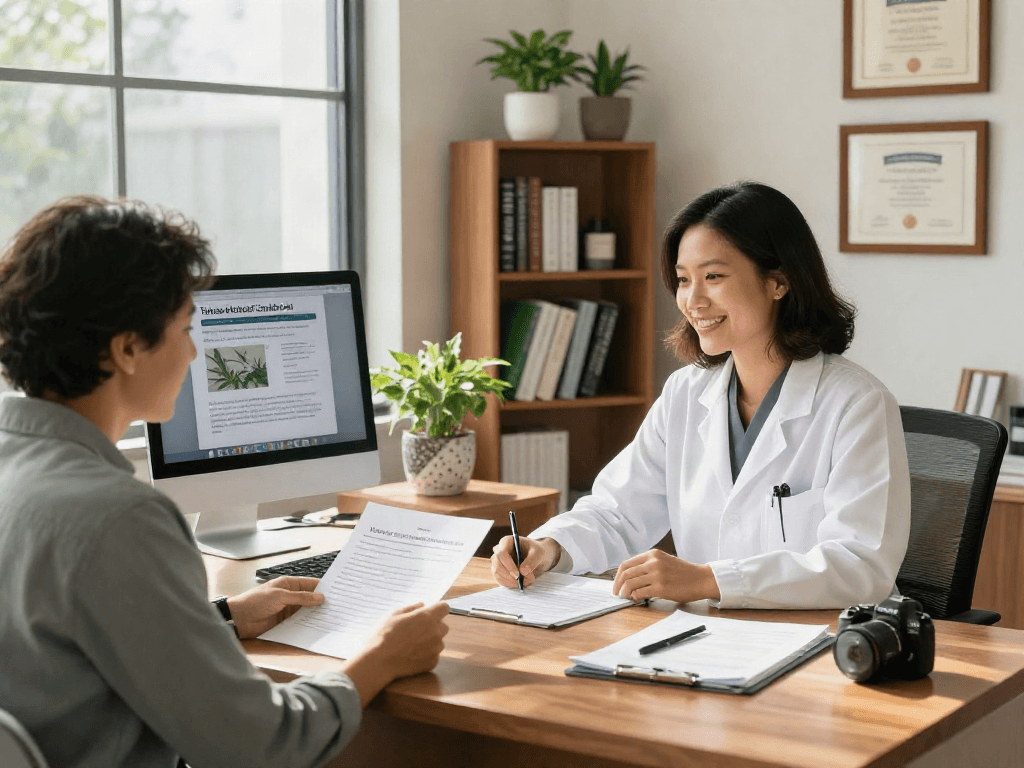 Consultation scene with healthcare provider discussing Texas Medical Cannabis Card options with a patient in a bright office.