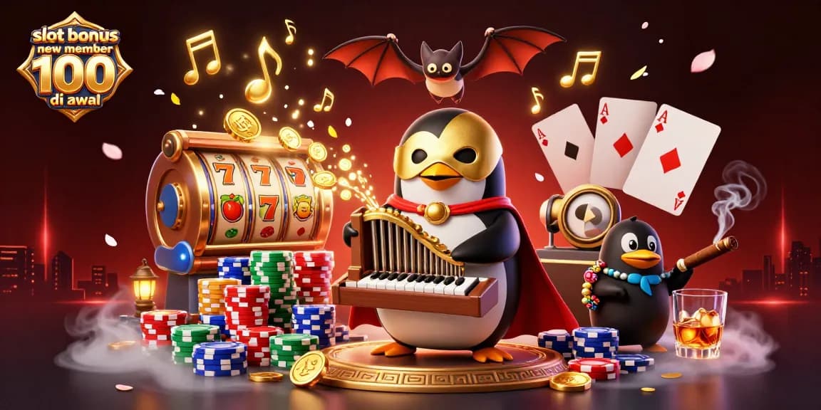 Slot bonus anggota baru 100 di awal menggambarkan penguin opera dengan koin emas dan efek bermain slot.