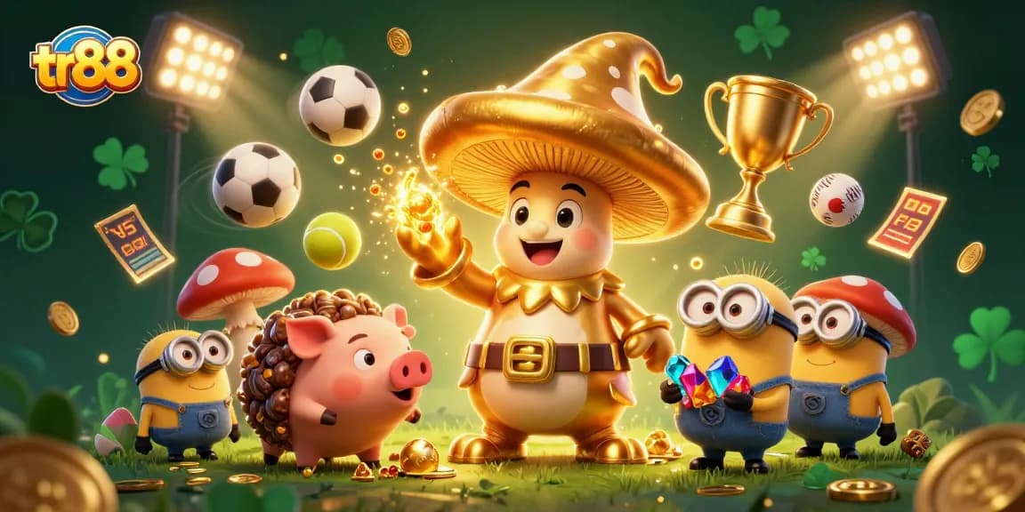 Play and win big with tr88, a vibrant 3D scene full of sports elements and gaming excitement.
