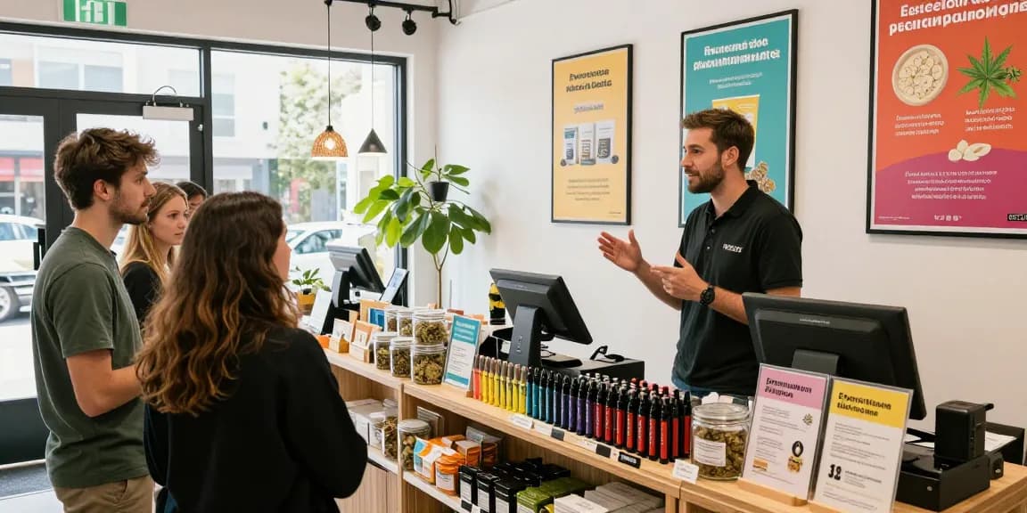 Customers exploring haschplatte products in a modern cannabis shop, engaging with knowledgeable staff amidst vibrant displays.