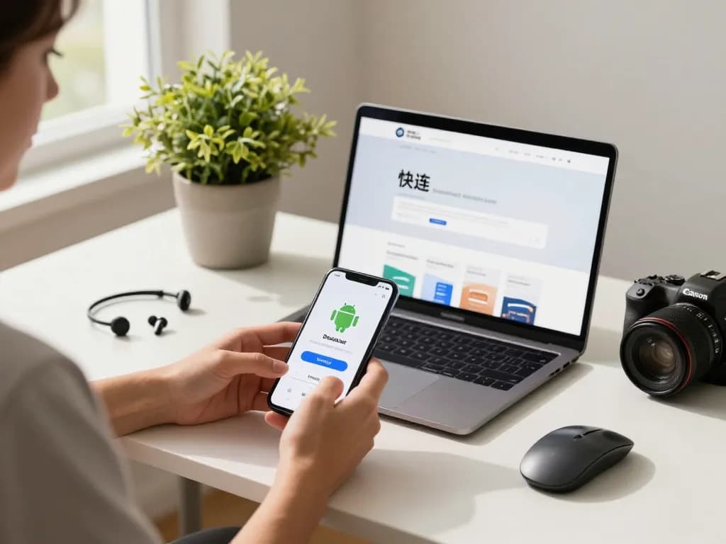 现代科技工作空间中的Android设备上的快连下载，展示高速互联网连接。