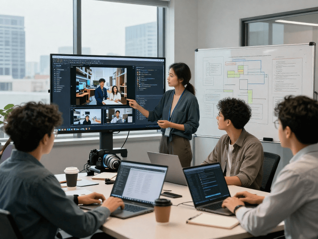 Team analyzing AI-generated images with an ai image detector in a modern workspace.