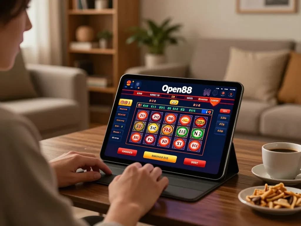 Open88 users engaging with online gaming through a tablet in a cozy home setting.