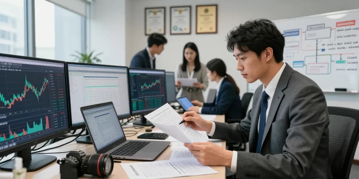 Professional examining documents for asset tracing in a modern business office, highlighting data analysis and investigative strategies.