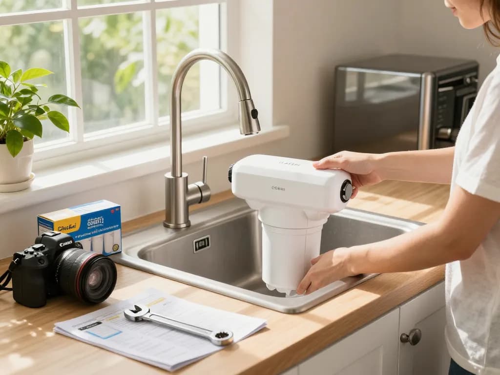 Install Overbest OB6013 Replacement for GE® MWF® water filter in a modern kitchen, showcasing tools, and a bright environment.
