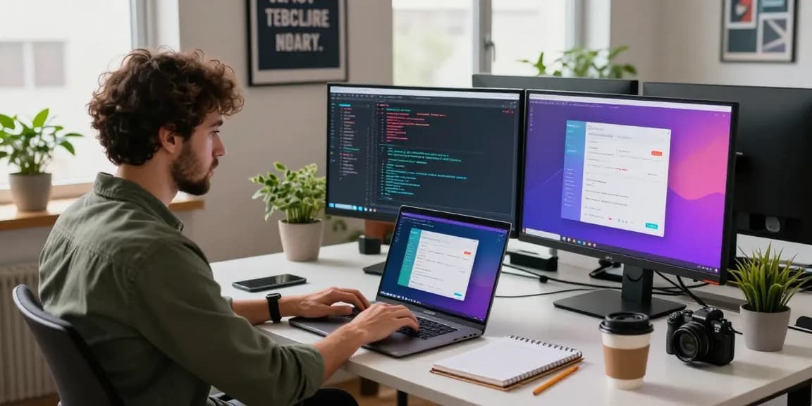 Developer coding in a modern workspace using telegram官网 for collaboration, showcasing vibrant tech tools and an inspiring environment.