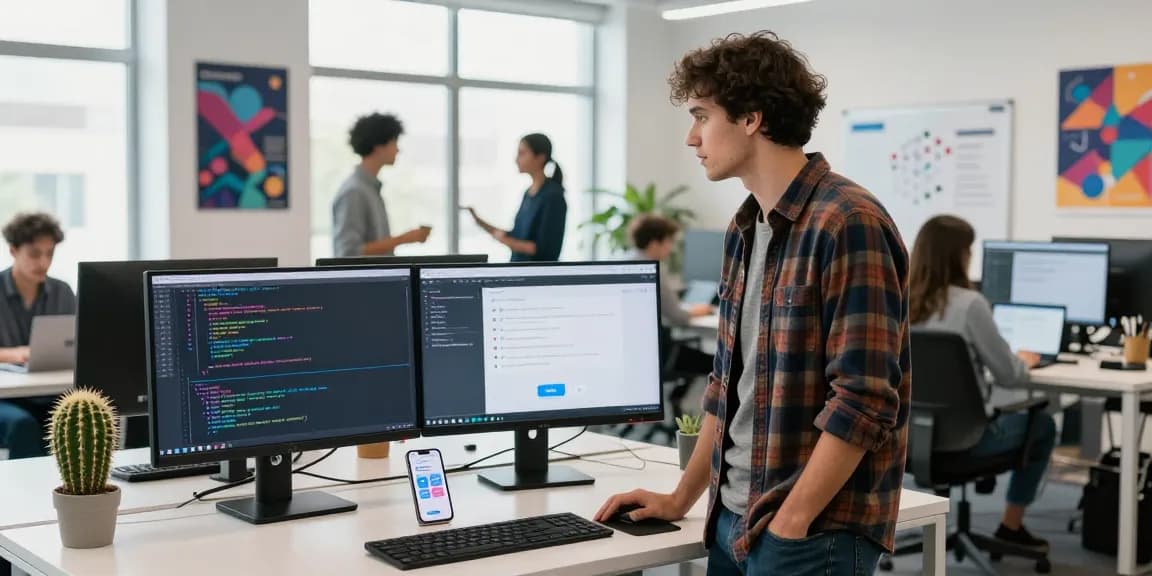 Developer in a modern office showcasing telegram官网 integration on dual monitors with coding in a collaborative workspace.
