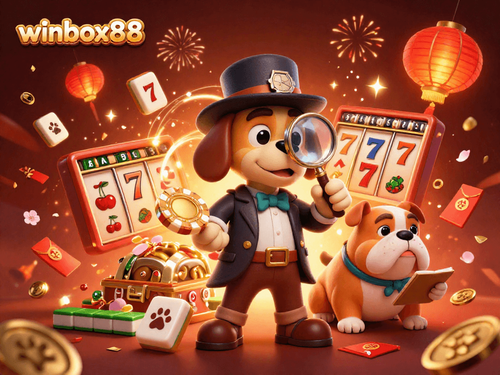 Winbox88 gaming adventure featuring a detective and dog investigating poker clues among vibrant casino elements.