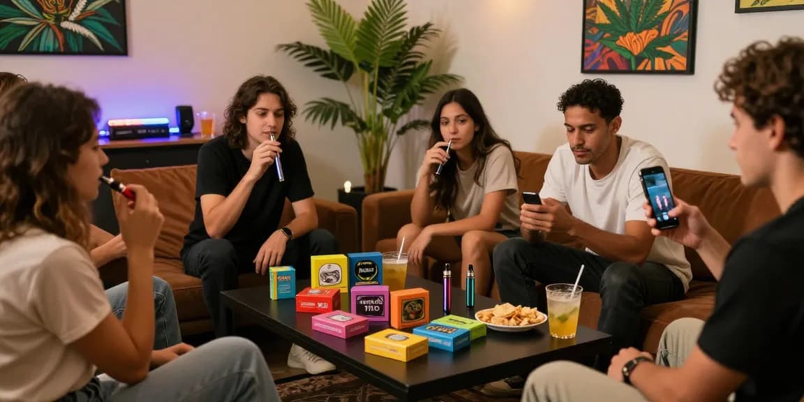 Gesellige Runde mit Freunden, die eine Haschplatte und THC-Vape-Produkte genießen.