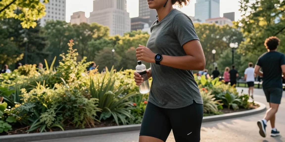 Penggunaan smartwatch Fitbit Luxe saat berolahraga di taman kota, menggambarkan gaya hidup aktif dan sehat. Temukan info lebih lanjut di https://www.polarfitbitshop.com/fitbit-luxe/.