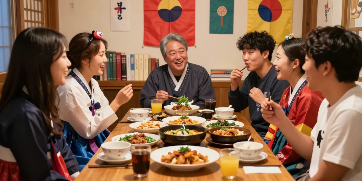 Explore Asian culture at https://hanadultalk.com, friends enjoying traditional dishes in a vibrant setting.