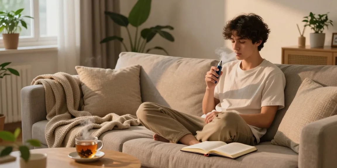 Enjoying a packman weed vape in a tranquil home setting for natural wellness.