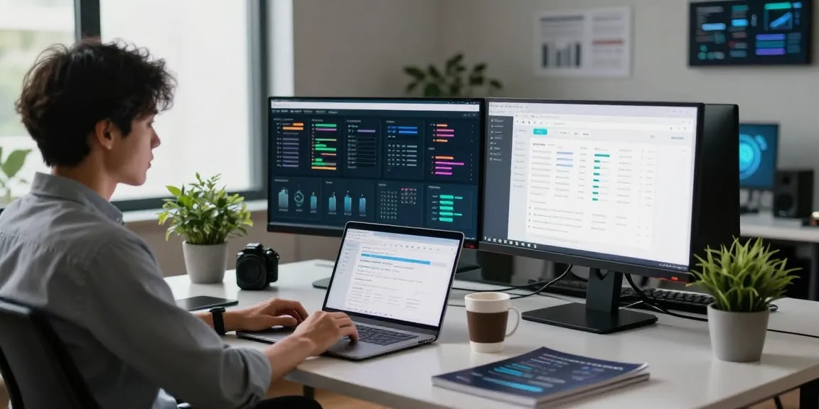 Web hosting workspace showcasing migliorhosting.info analytics on screens and modern office setup for enhanced productivity.