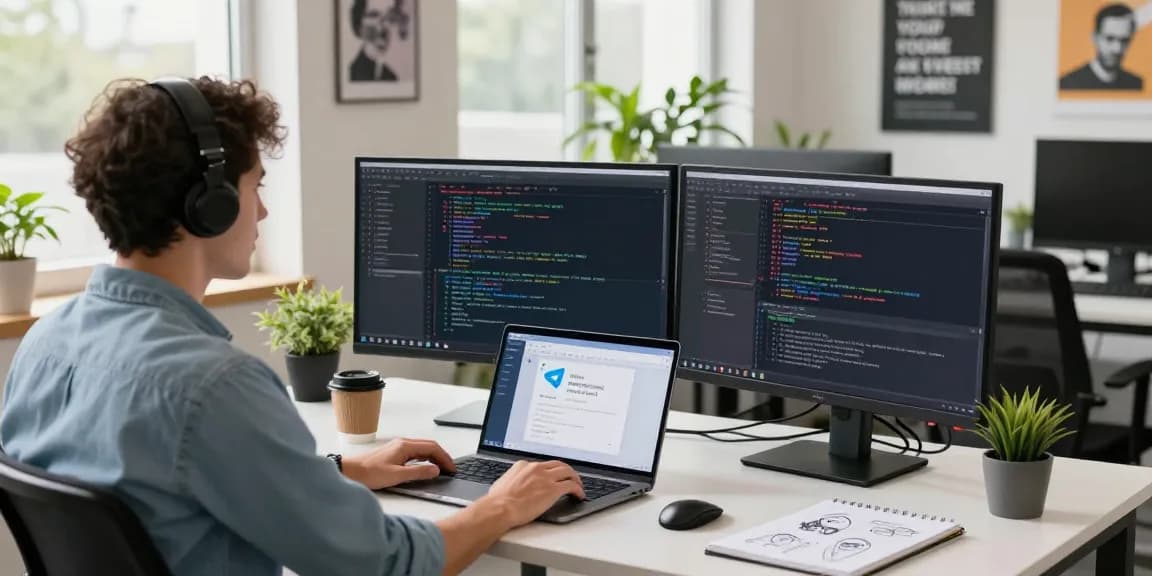 Engaging tech workspace showcasing Telegram Download in action with coding screens and developer.
