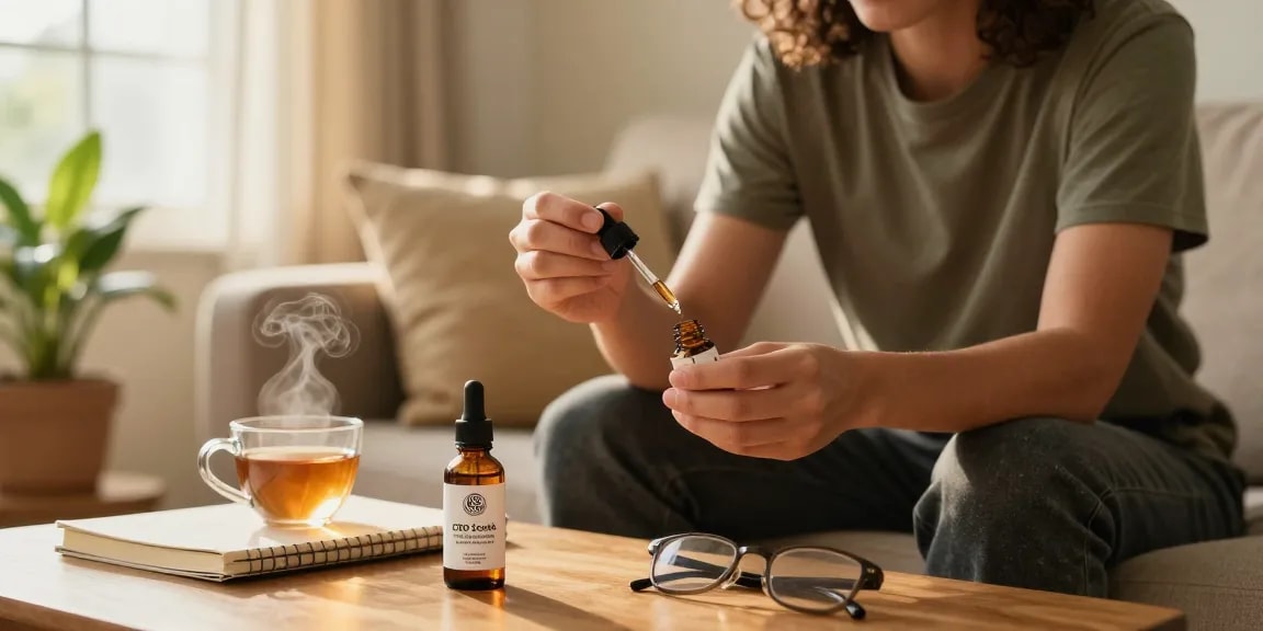 Relaxed individual enjoying cbd isolate from CBD North in a cozy home setting
