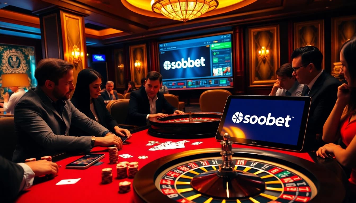 SboBet players engaging in thrilling betting at a luxurious casino table.