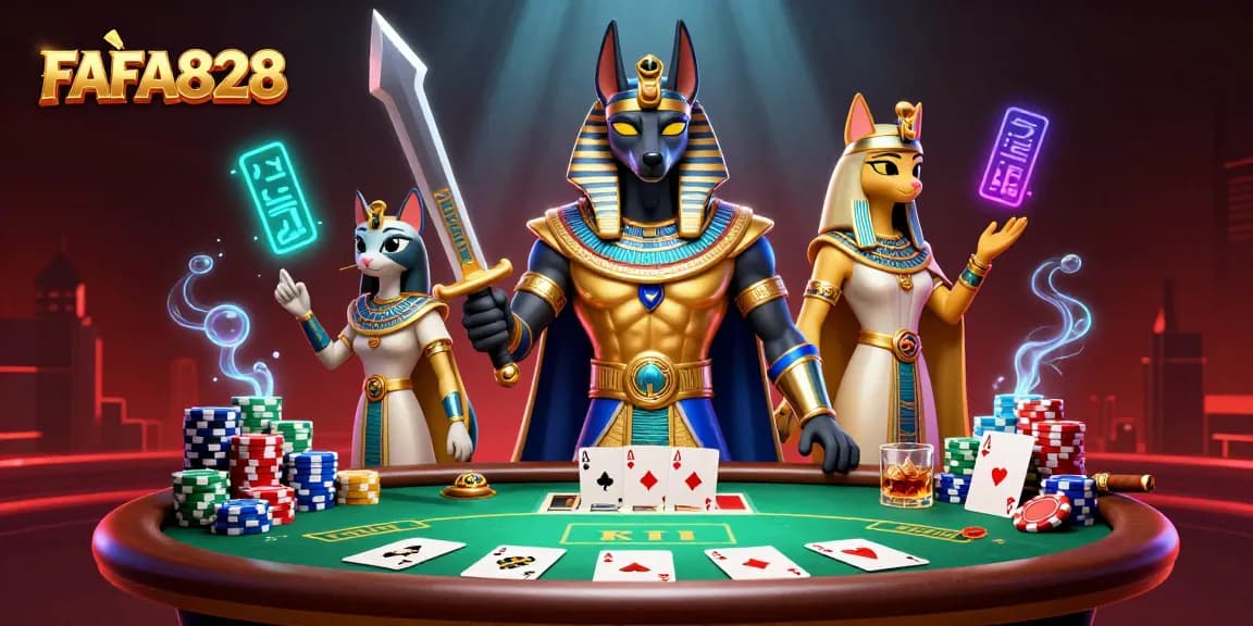 Join the excitement of FAFA828 with Anubis and Bastet at the poker table!