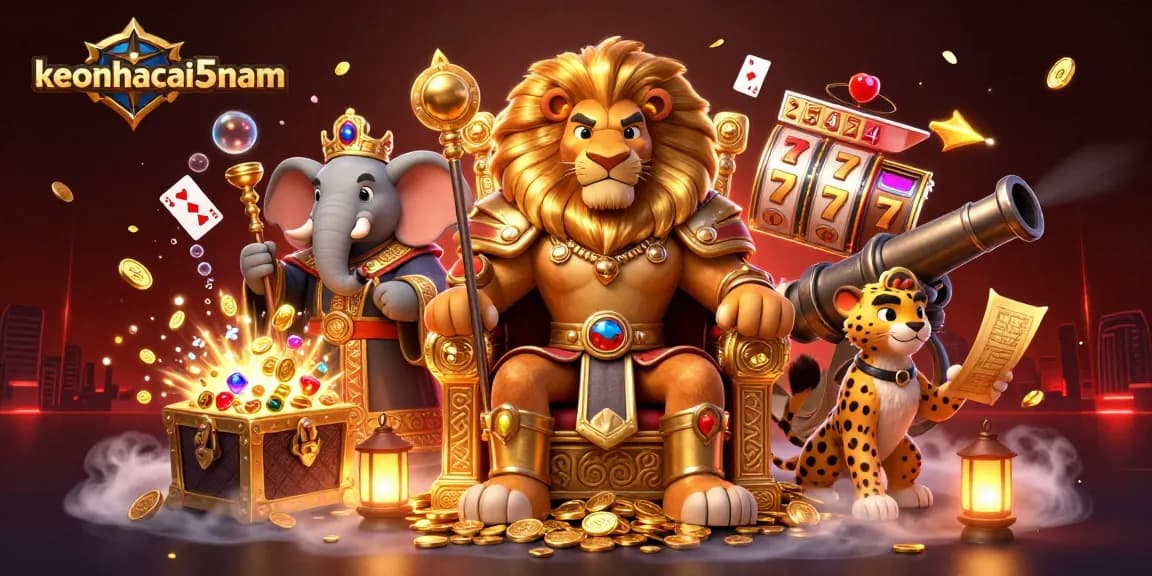 Engage with keonhacai5nam through a vivid casino adventure featuring a lion king, an elephant advisor, and a cheetah messenger.