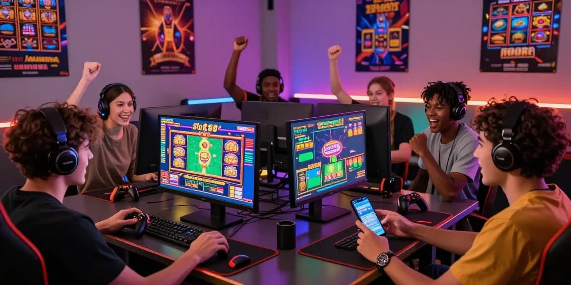 Group of friends enjoying slot88 games on vibrant gaming screens in a lively atmosphere.