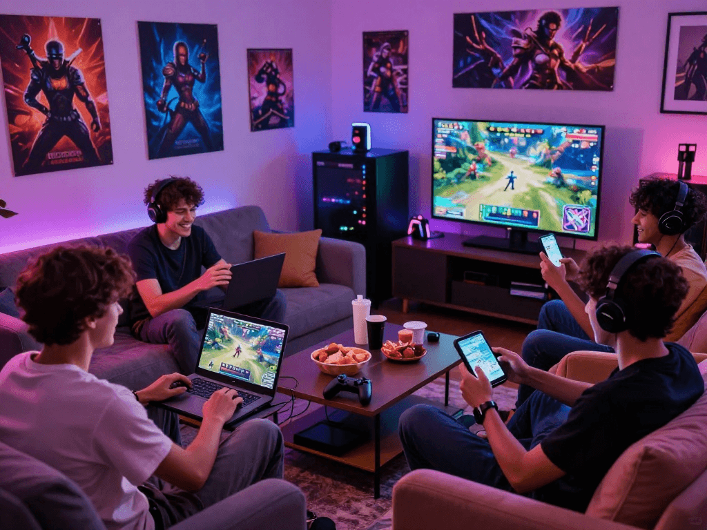 Engaging group playing porngames on laptops and smartphones in a vibrant gaming room.