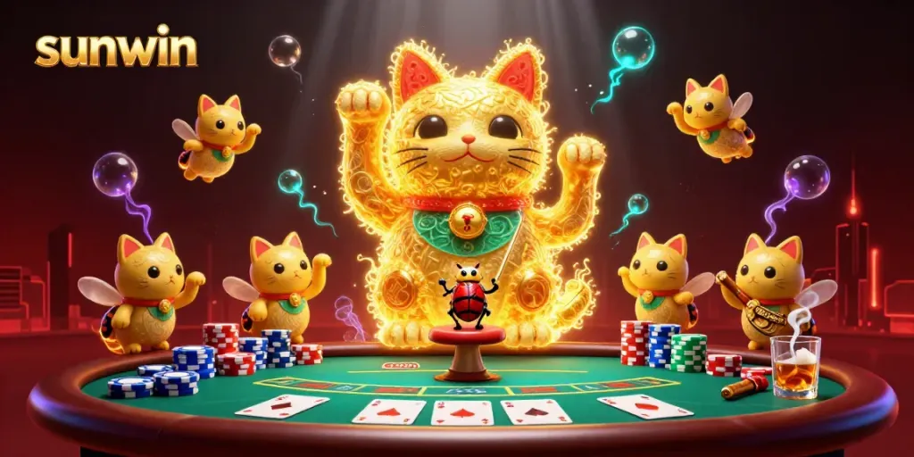 Experience the thrilling games at sunwin, highlighted by a vibrant scene with a lucky cat and casino elements.