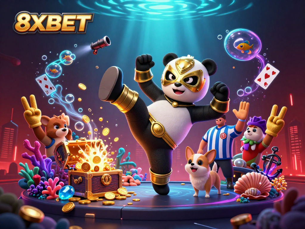 Experience the thrill of betting with 8XBET, featuring vibrant 3D characters in a gambling scene.