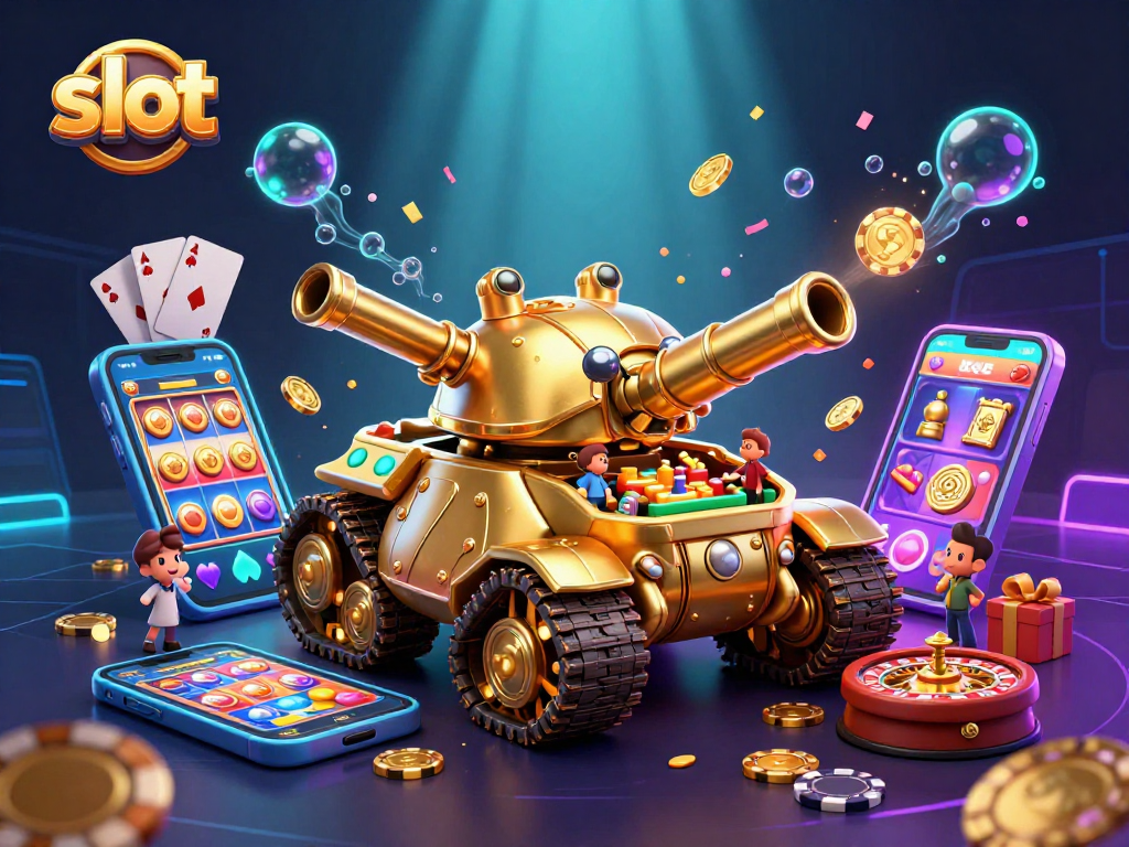 Menghadapi slot dengan tank kuningan yang memegang kasino kecil, dikelilingi oleh simbol dan chip uang.