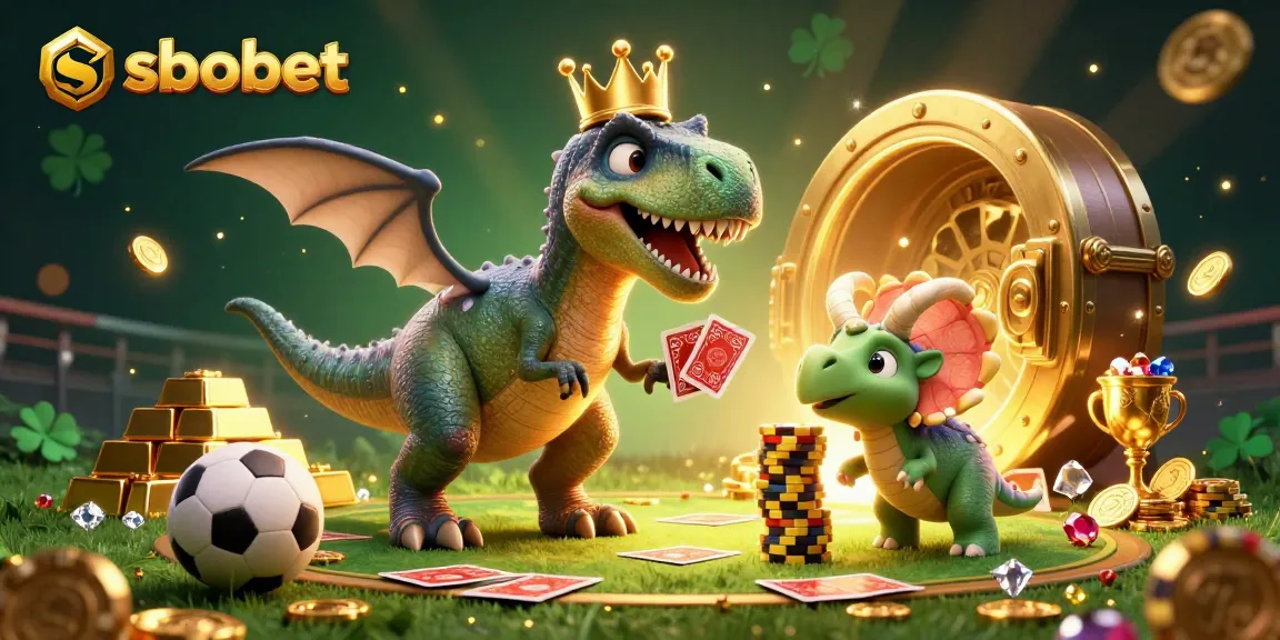 Sbobet sports betting illustration featuring a T-Rex shuffling cards alongside a pterodactyl and triceratops.
