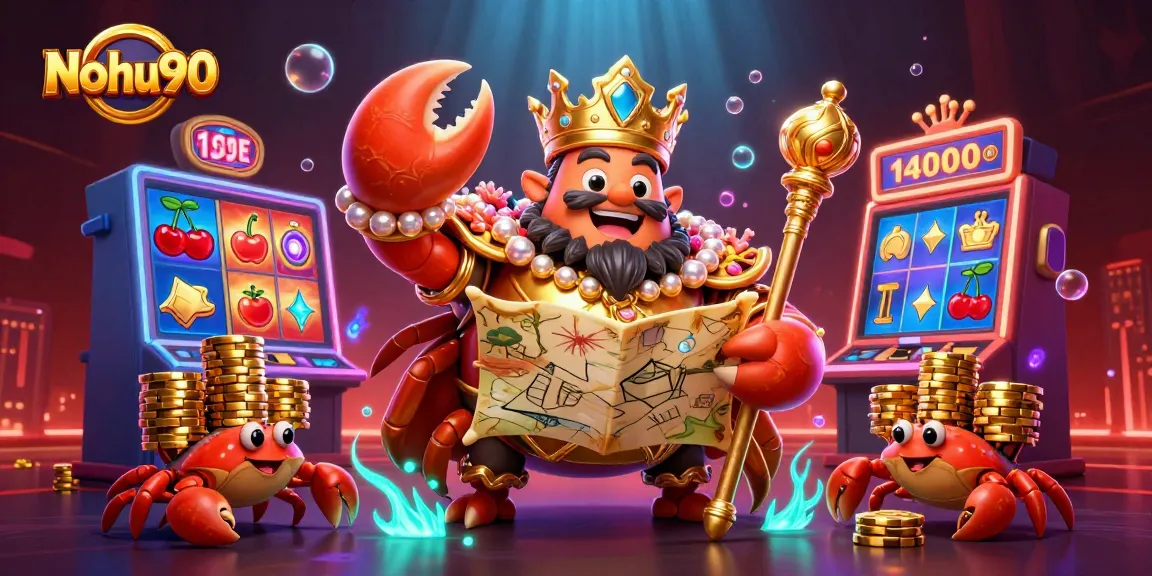 Nohu90 showcases an engaging scene of a golden crab emperor with treasure, enjoying a vibrant jackpot atmosphere.