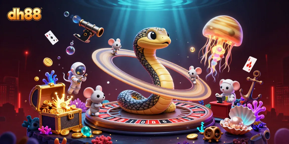Engage in thrilling gambling action with dh88 in a cosmic casino scene featuring futuristic characters and elements.
