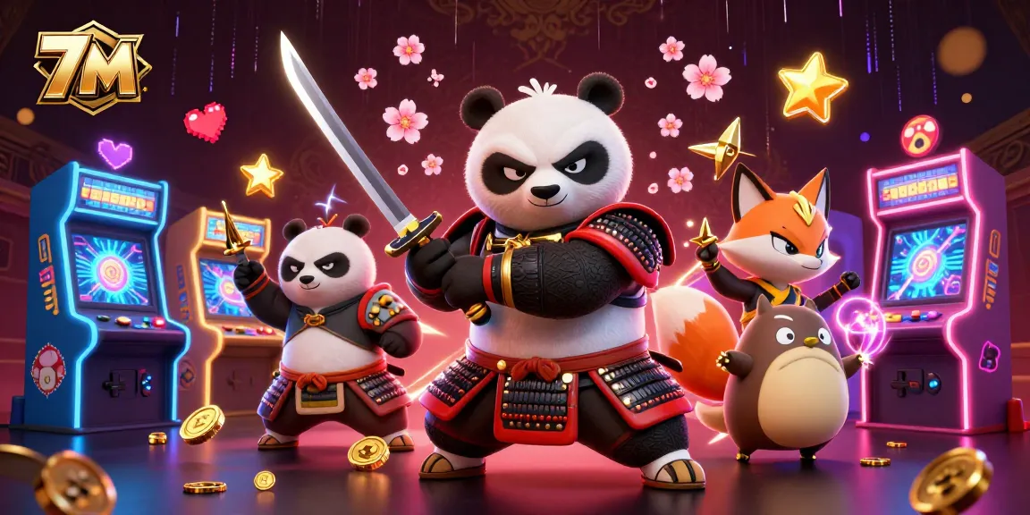 Bet live with 7M featuring a dynamic scene of a samurai panda and ninja fox amidst casino gaming elements.