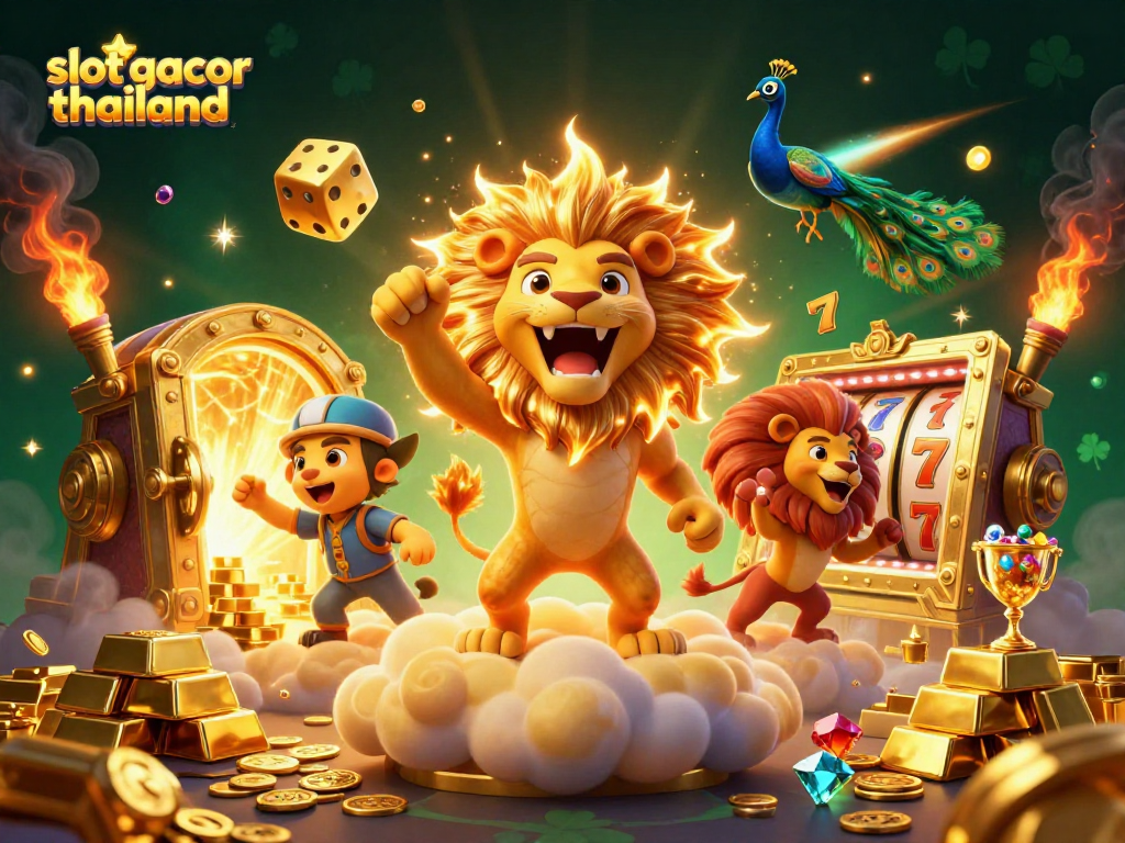 Experience slot gacor thailand in this vibrant 3D casino scene with dynamic reels and golden treasures.