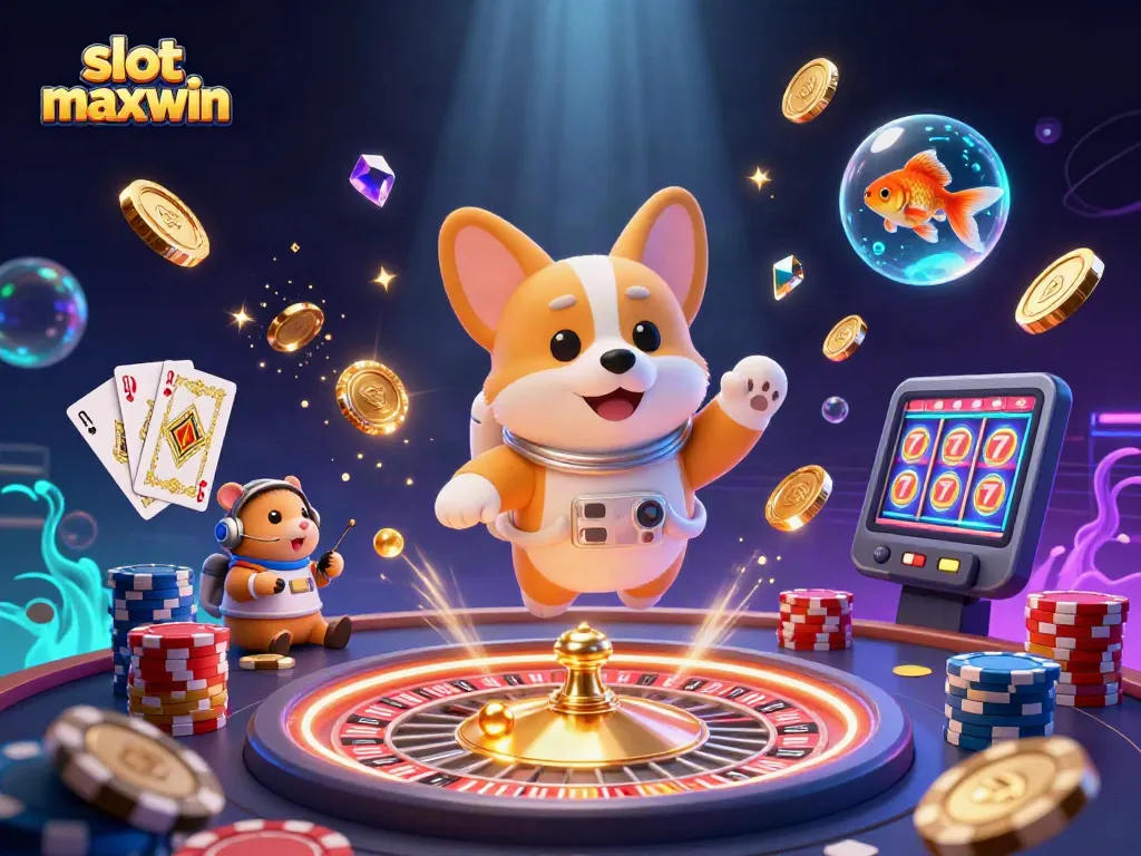 Experience the excitement of slot maxwin with a vibrant casino scene featuring drifting coins and playful characters.