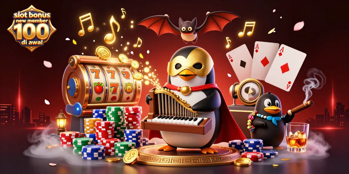 Slot bonus anggota baru 100 di awal menggambarkan penguin opera dengan koin emas dan efek bermain slot.