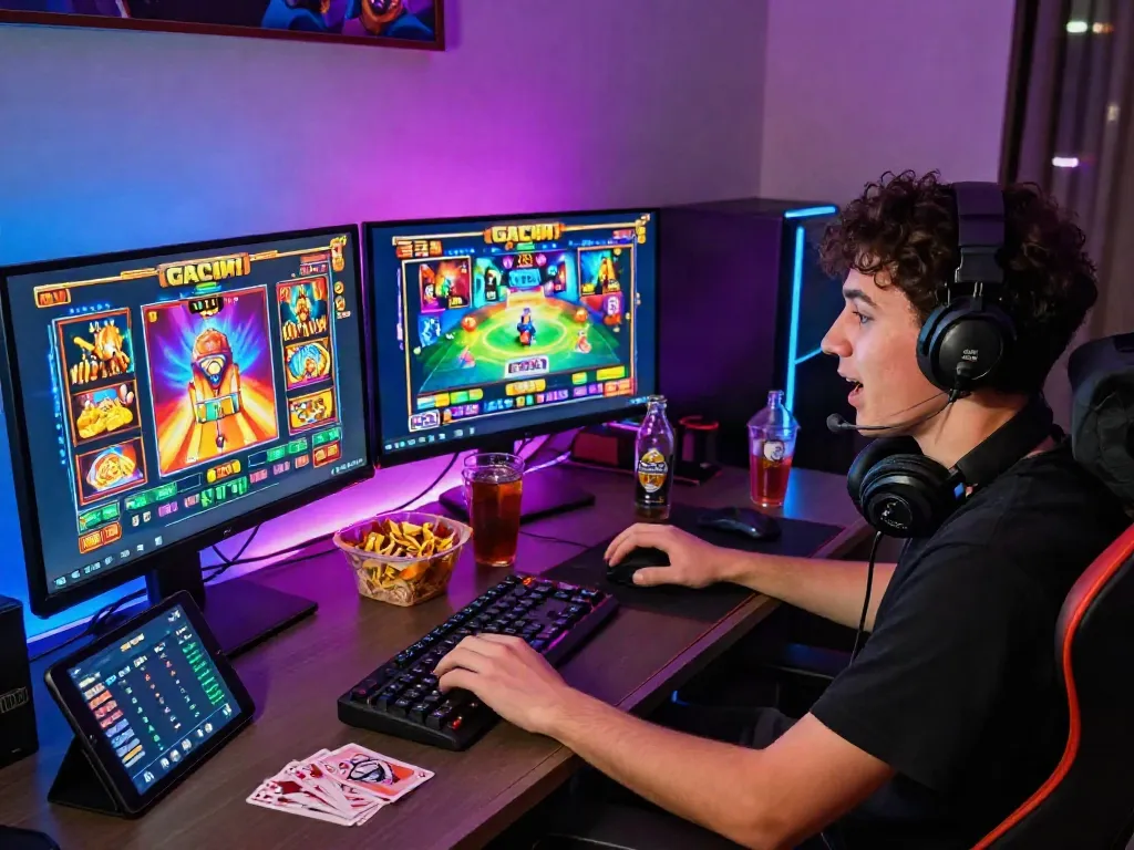 Engaged player at a computer enjoying slot online gacor with vibrant game displays and snacks around.