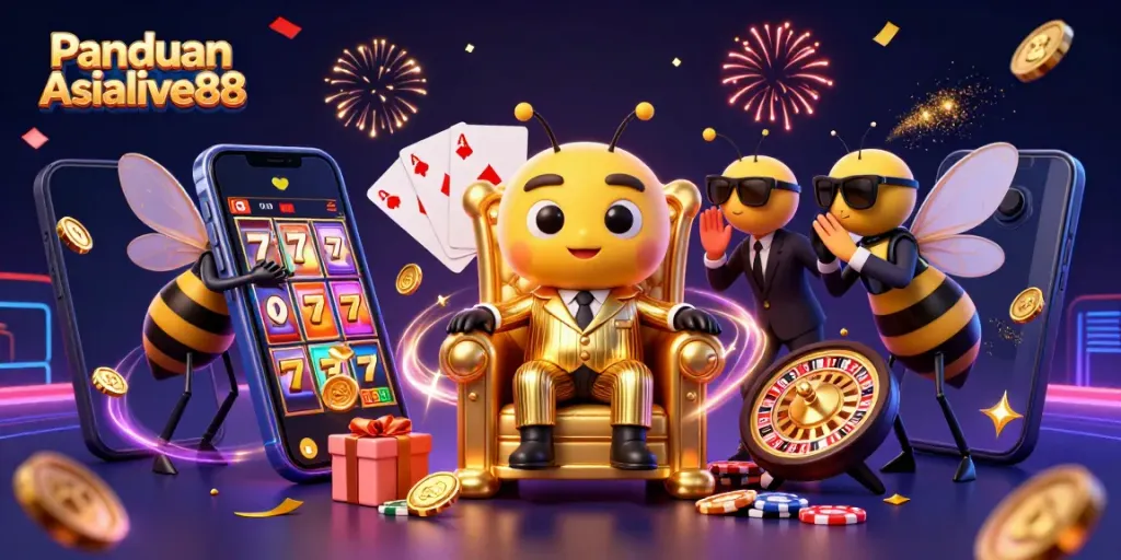 Engage with Panduan Asialive88's vibrant casino scene featuring a cartoon mob boss and gaming elements.