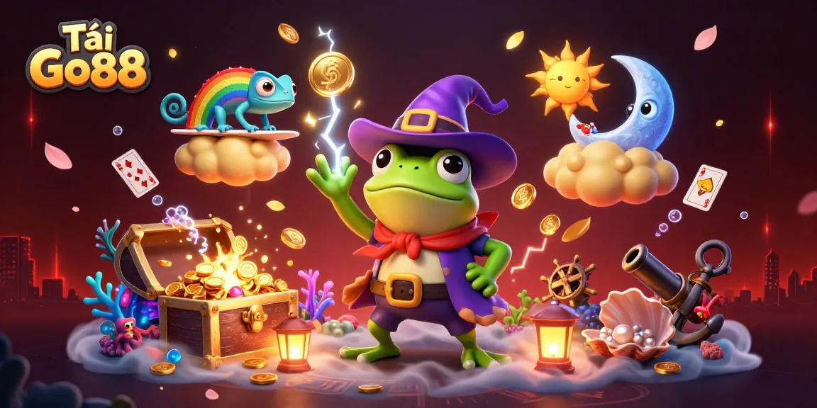 Tải Go88 with the whimsical weather wizard frog and vibrant chameleon in a gold coin storm.