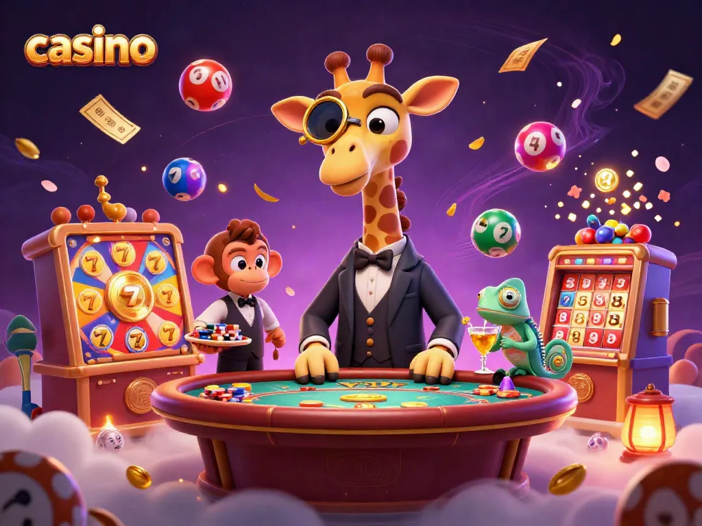 Engaging scene of a giraffe at a casino table, surrounded by vibrant gambling elements.