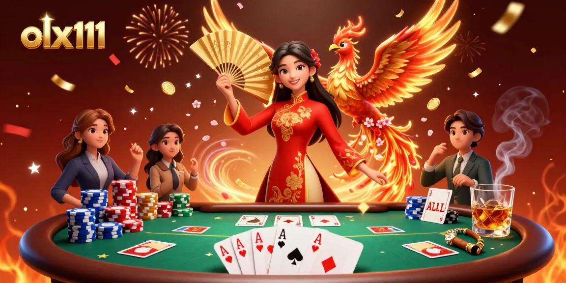 Win big with olx111 in a vibrant 3D casino scene featuring poker and celebrating confetti.