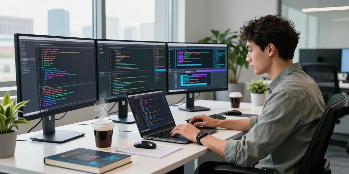telegram官网 features a modern tech workspace with a developer coding on multiple monitors, creating a focused and innovative atmosphere.
