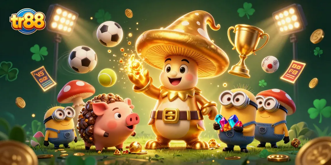 Play and win big with tr88, a vibrant 3D scene full of sports elements and gaming excitement.
