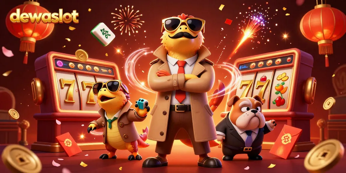 Dewa Slot menghadirkan kartun tiga raptor dalam satu jaket, memasuki kasino VIP dengan elemen slot warna-warni di sekelilingnya.