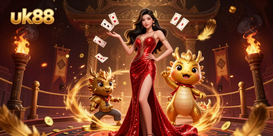 Experience excitement at uk88 with a glamorous Asian woman, golden dragon mascot, and dynamic casino theme elements.