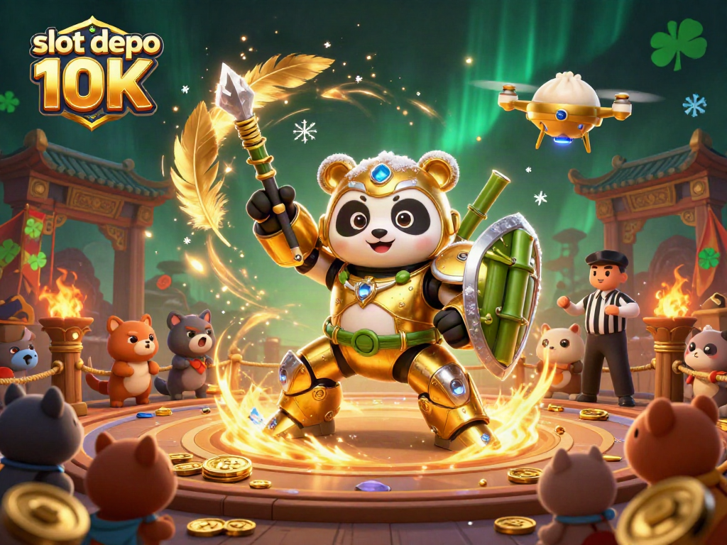 Experience thrilling gameplay with slot depo 10K in a vibrant, packed 3D casino scene.
