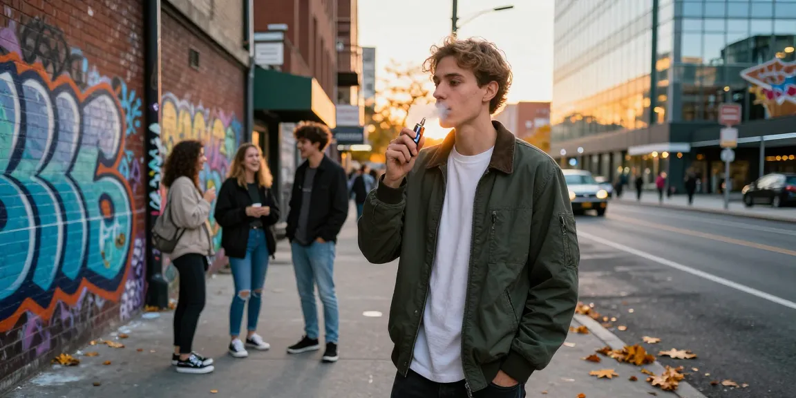 Person enjoying Weed vape in an urban environment with friends and street art background.