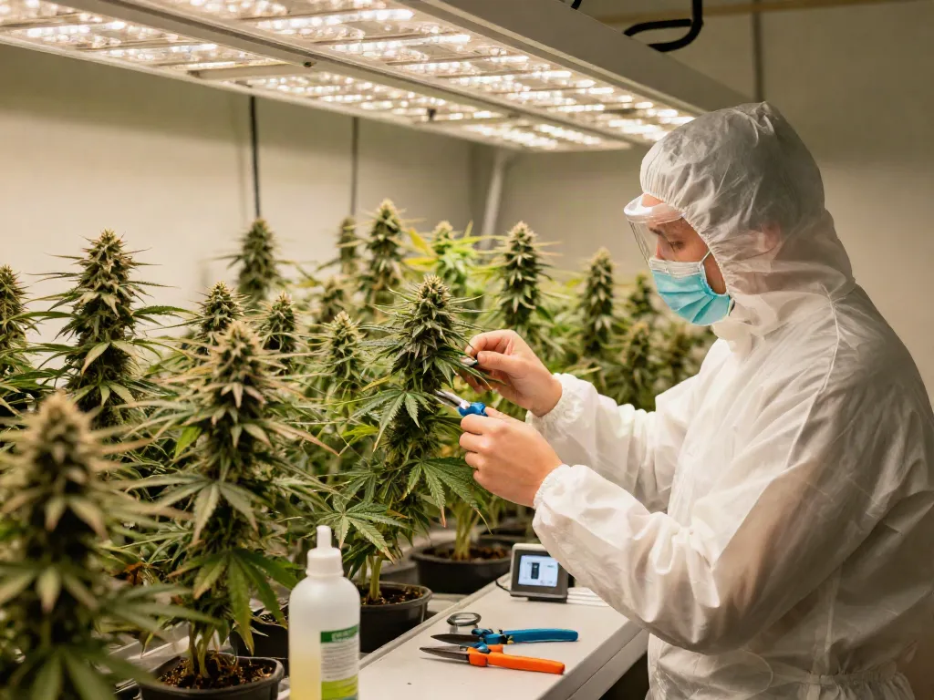 Grower inspecting regular cannabis plants emphasizing cannabis breeding genetics in a vibrant indoor setting.
