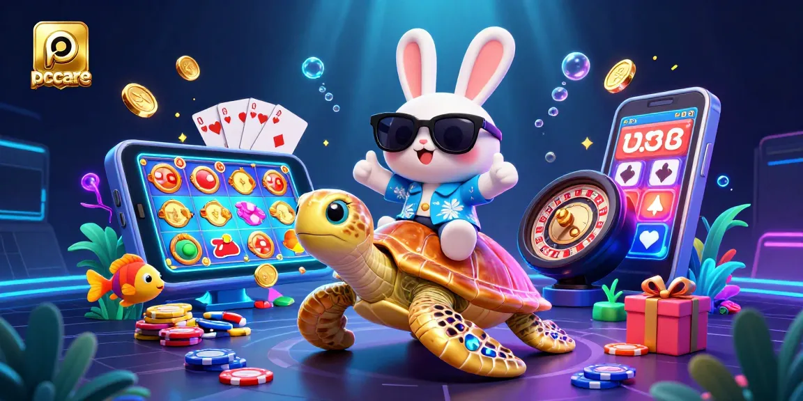 Spin to win with pccare's vibrant cartoon casino scene featuring playful characters and slot games.