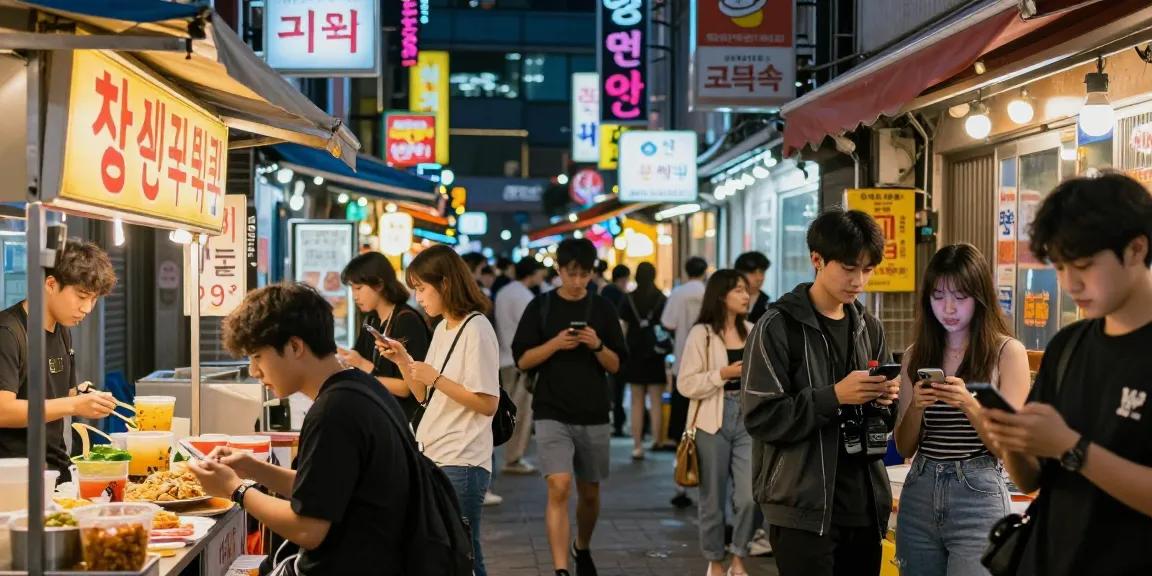 퀸알바 관련 소식을 나누는 강남의 젊은이들, 화려한 야경