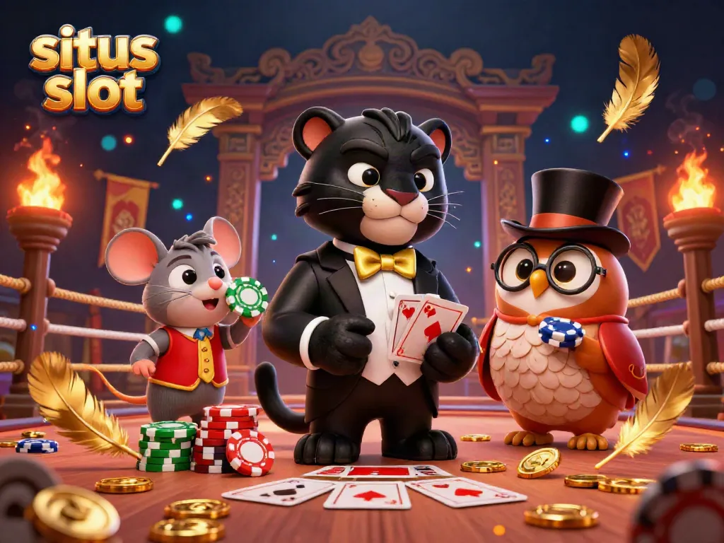 Ilustrasi kartun 3D situs slot menampilkan panther hitam, burung hantu, dan tikus beruntung dalam suasana yang penuh, menciptakan suasana kasino yang menarik.
