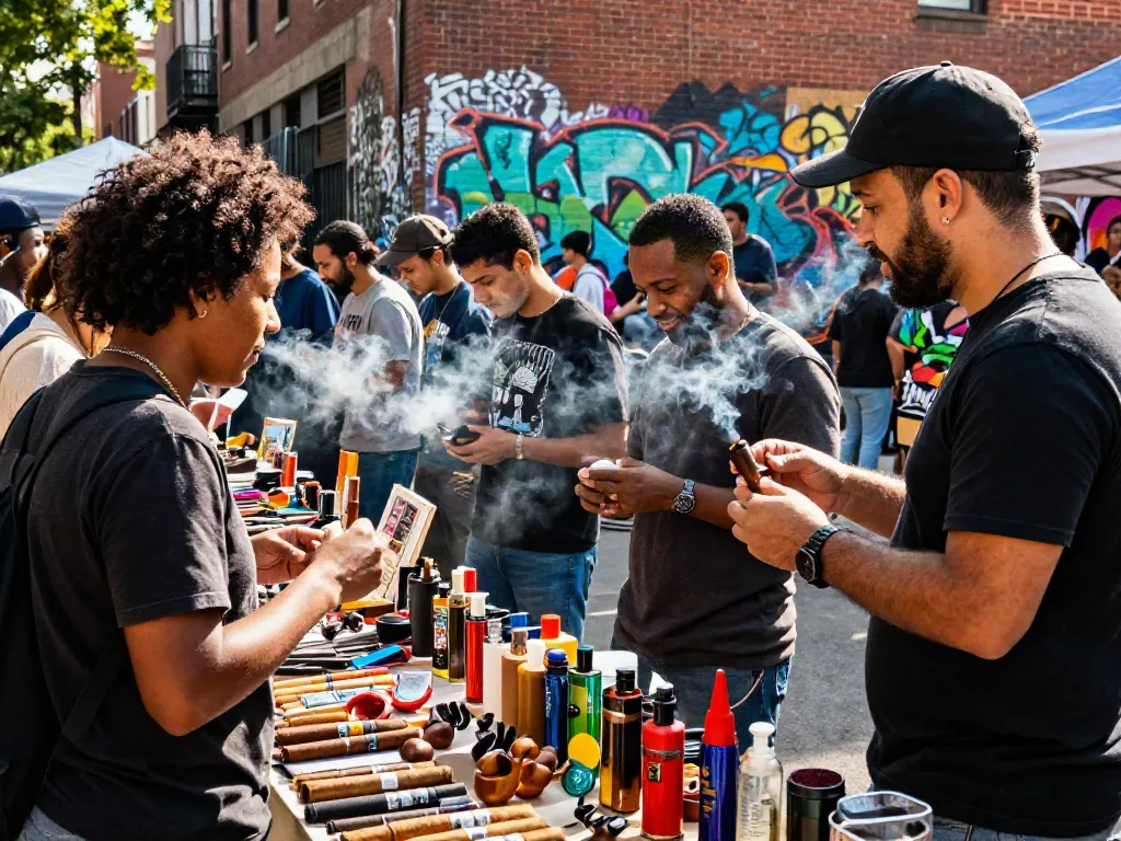 Shoppers exploring vibrant stalls of smoking accessories at an urban market, featuring rokok88 link alternatif products.